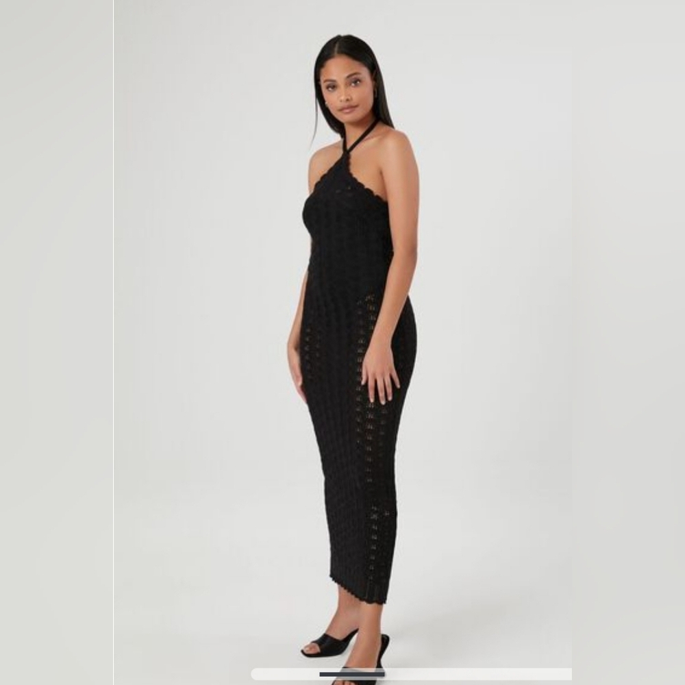 Forever 21 Black Knit Crochet Body Con Midi Dress NWT Medium - Picture 2 of 7